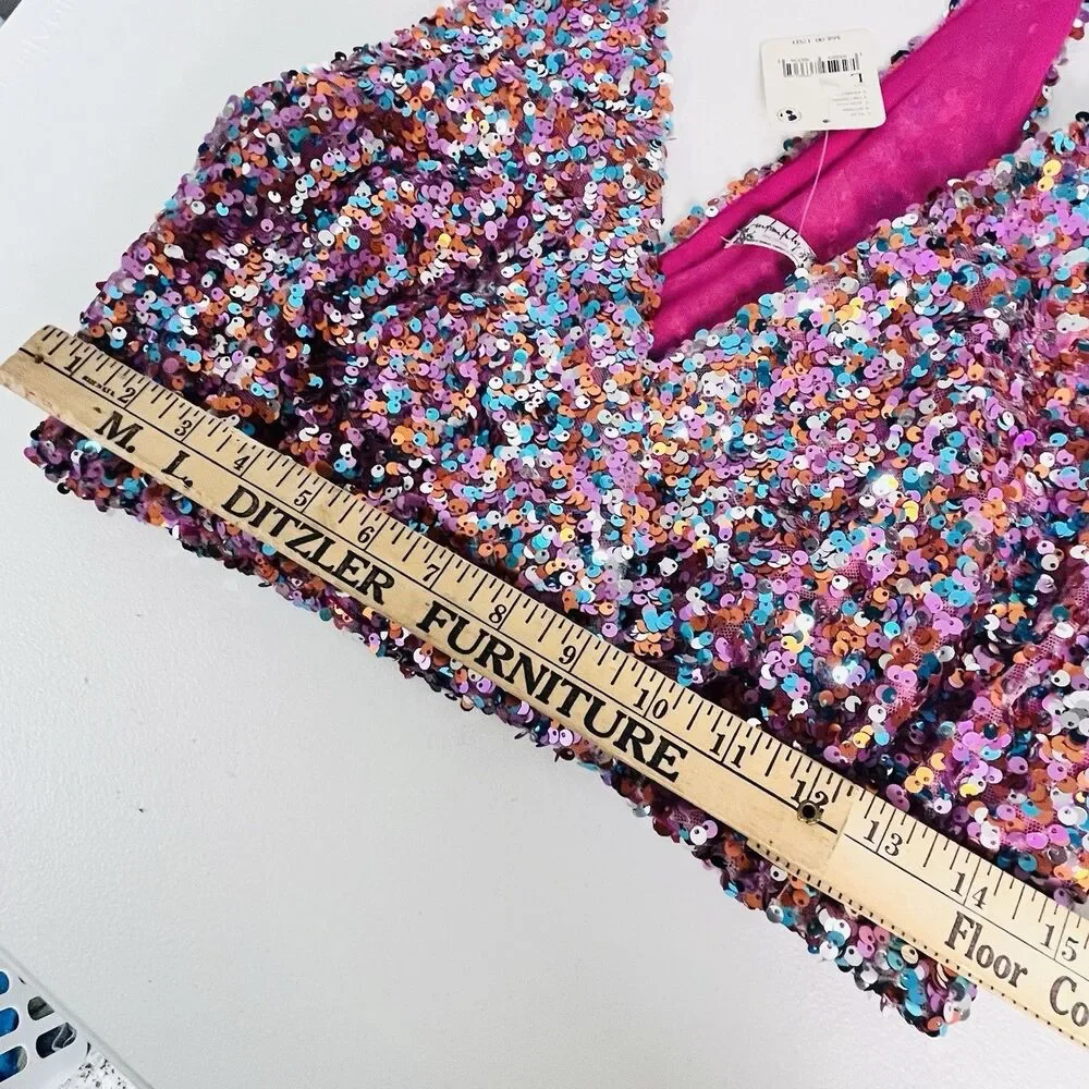 Intimately Free People NWT Size L Pink Sequin Halter Crop Top Festival Party